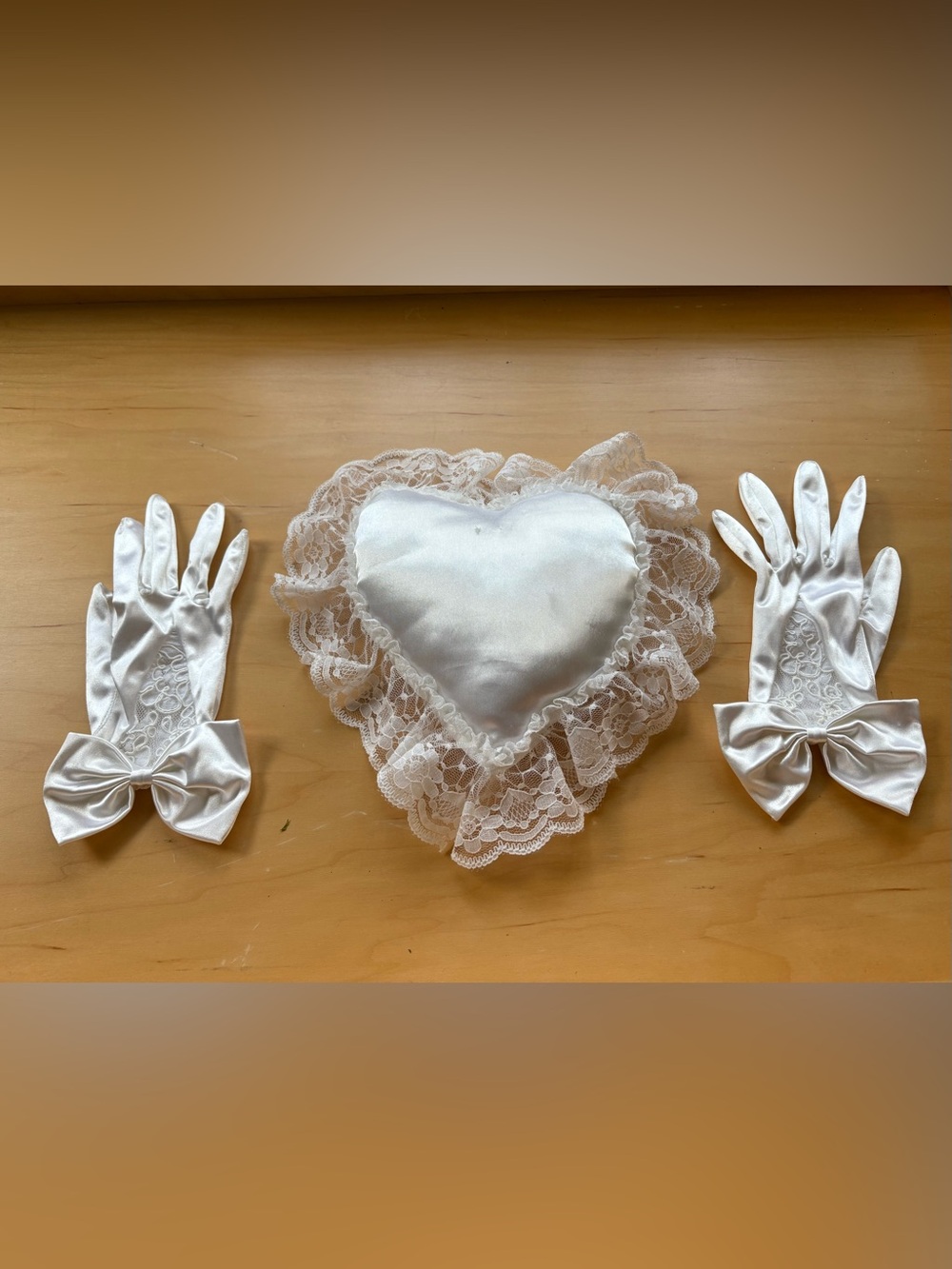 Set of white satin ring-bearer pillow & matching satin/ lace gloves